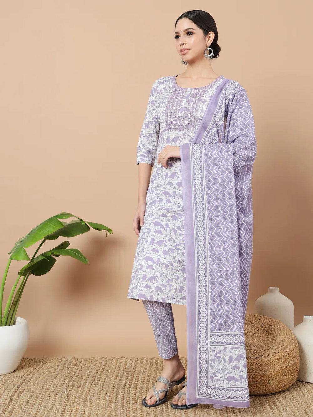 Purple Floral Print Sequins_Work Straight Kurta Trouser And Dupatta Set