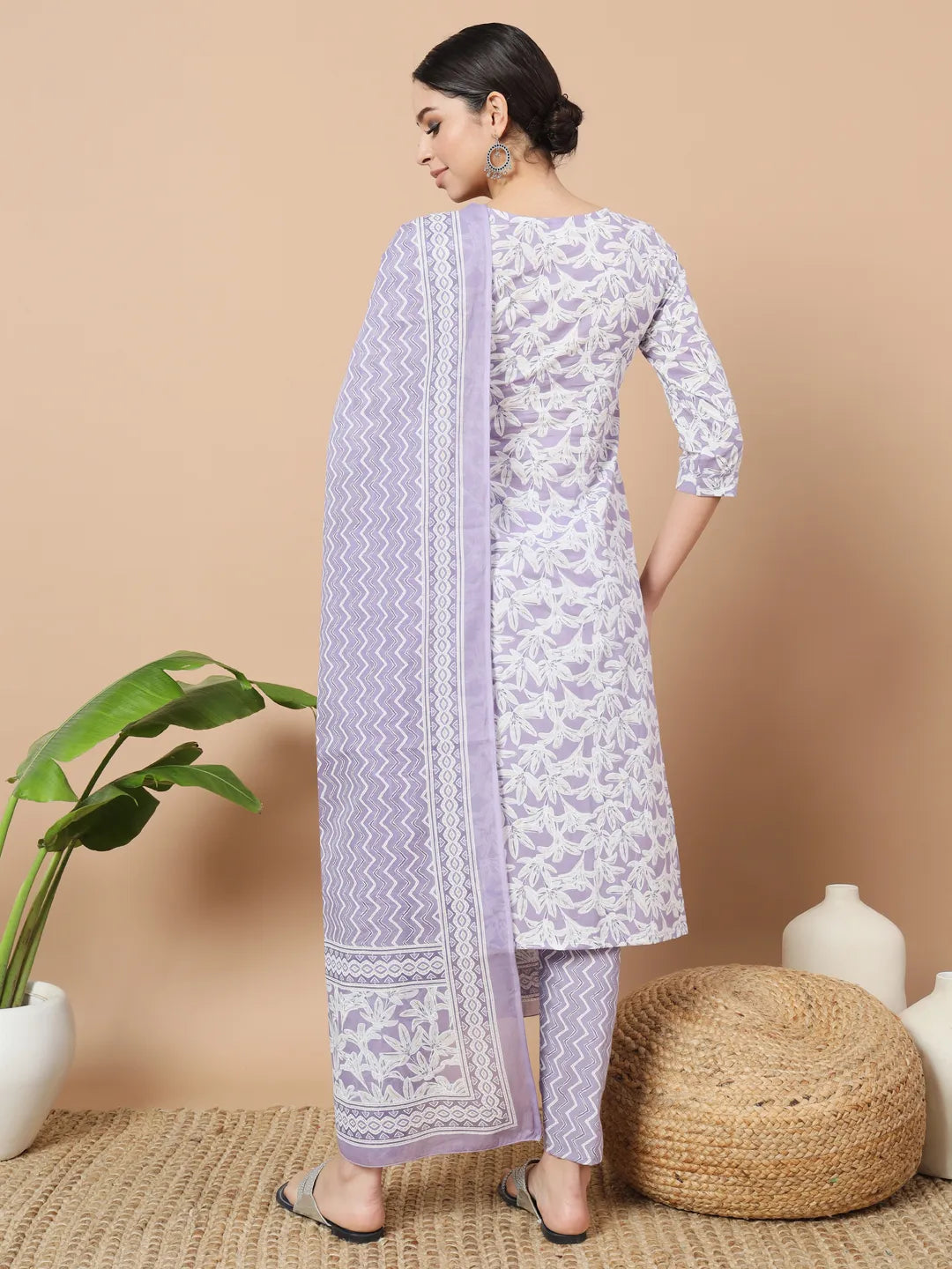 Purple Floral Print Sequins_Work Straight Kurta Trouser And Dupatta Set