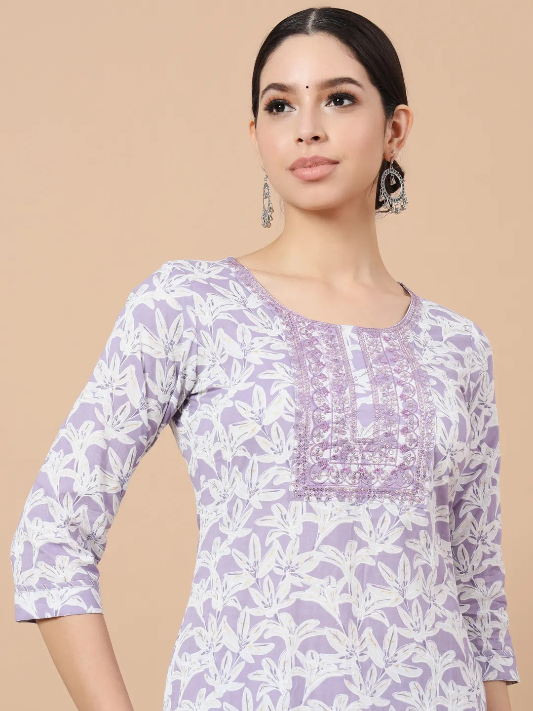 Purple Floral Print Sequins_Work Straight Kurta Trouser And Dupatta Set