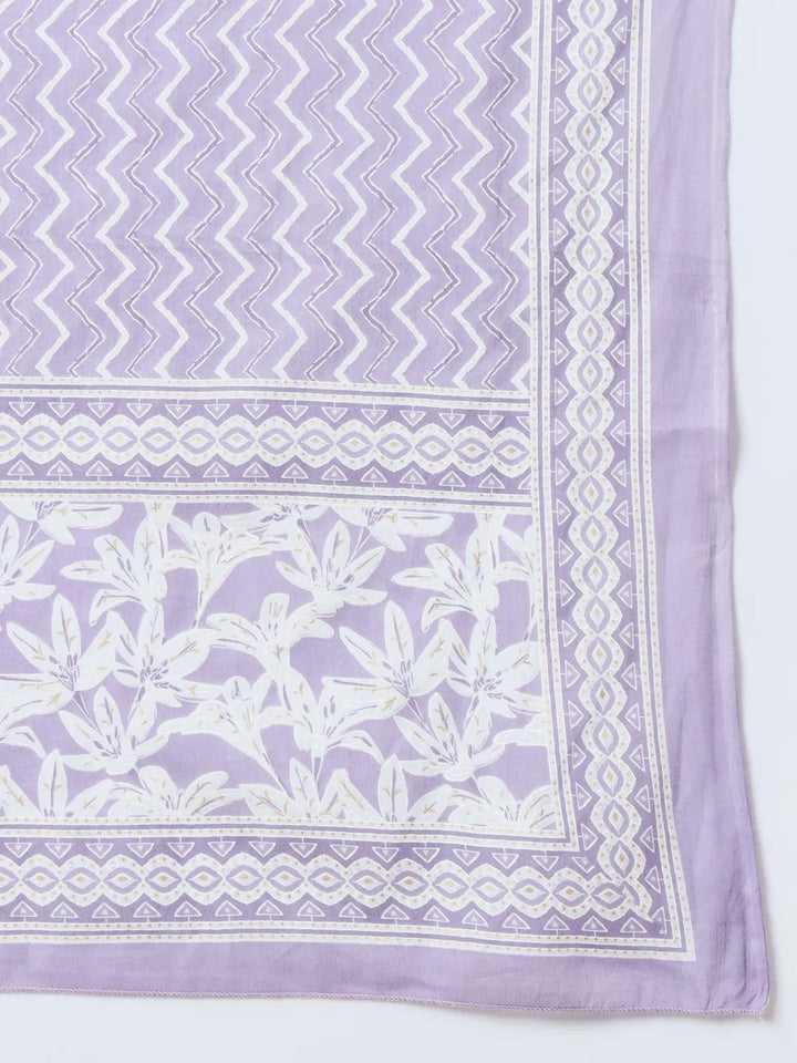 Purple Floral Print Sequins_Work Straight Kurta Trouser And Dupatta Set