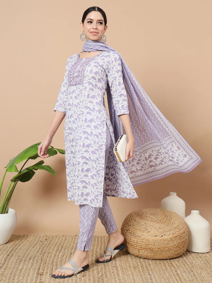 Purple Floral Print Sequins_Work Straight Kurta Trouser And Dupatta Set