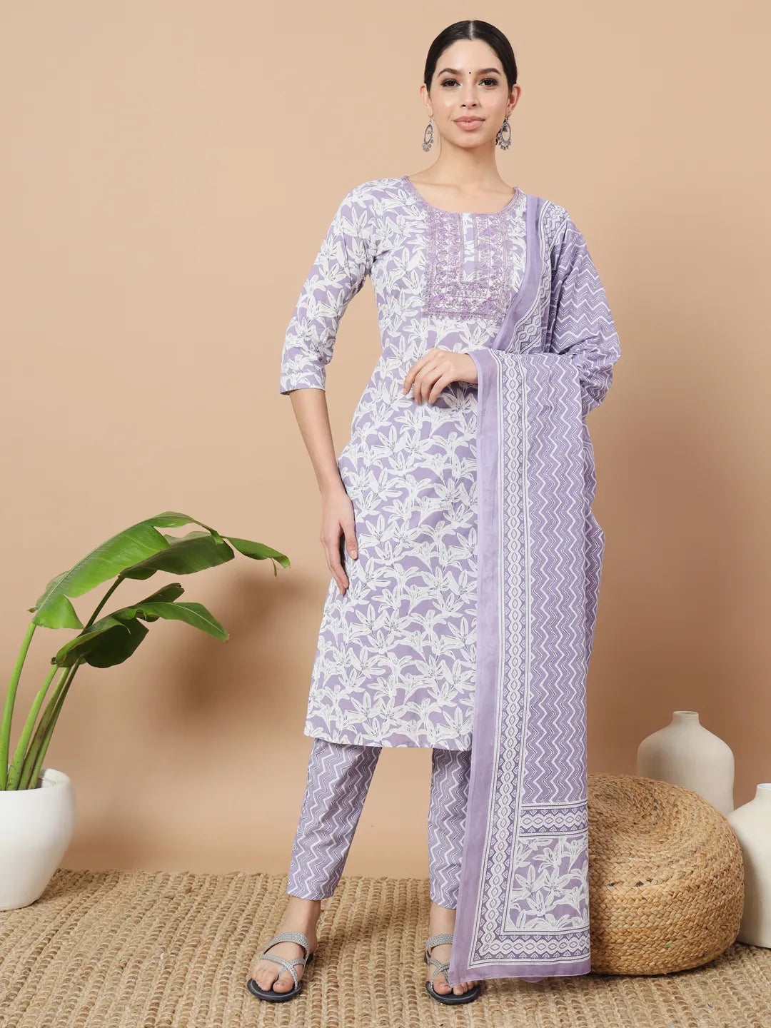 Purple Floral Print Sequins_Work Straight Kurta Trouser And Dupatta Set