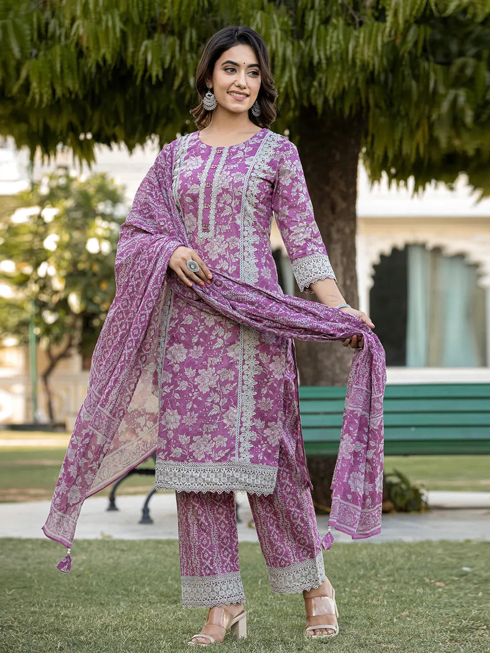 Purple Floral Print Straight Pakistani Style Kurta Trouser And Dupatta Set With Lace Work-Yufta Store-6884SKDPRM