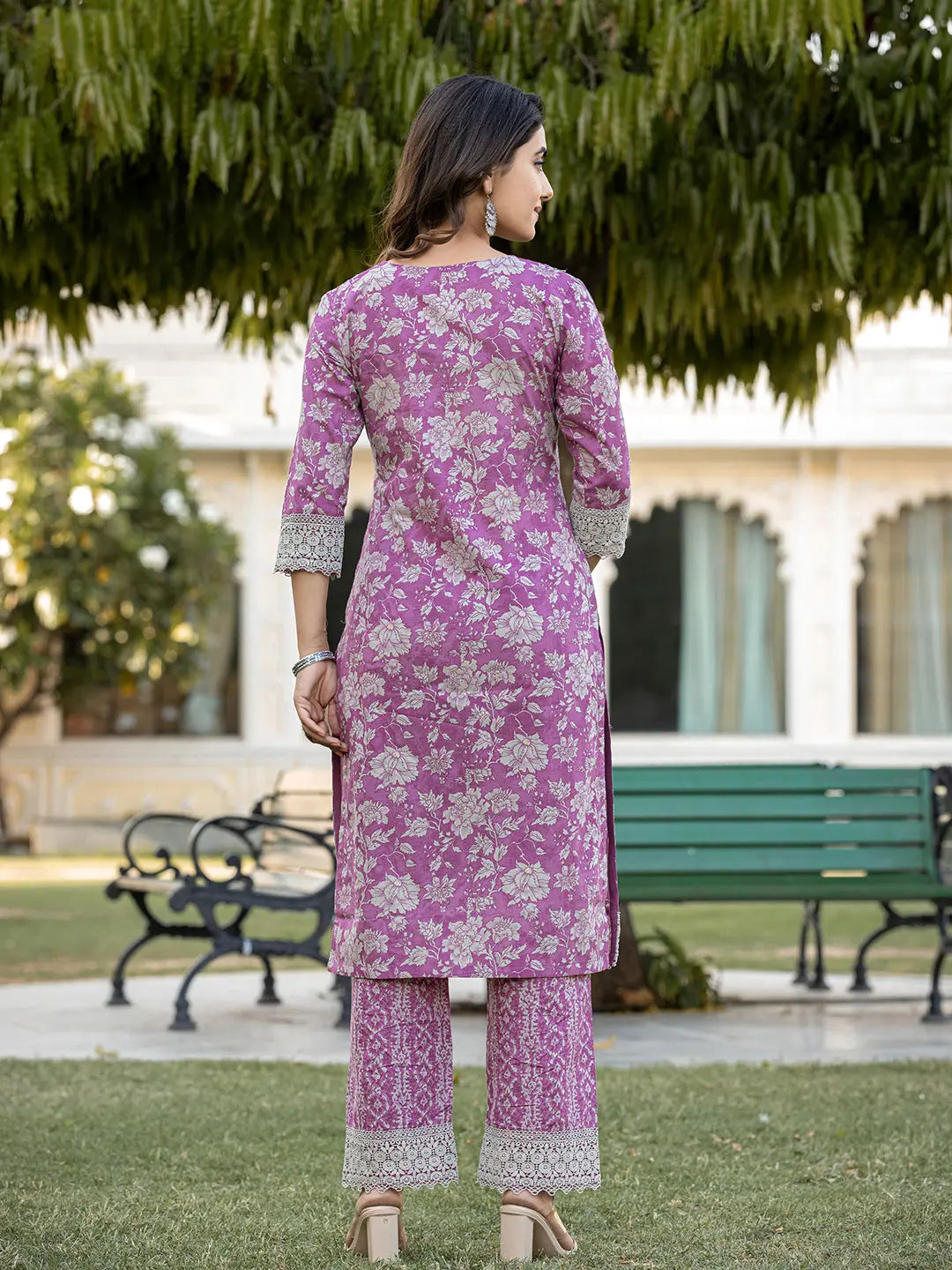 Purple Floral Print Straight Pakistani Style Kurta Trouser And Dupatta Set With Lace Work-Yufta Store-6884SKDPRM