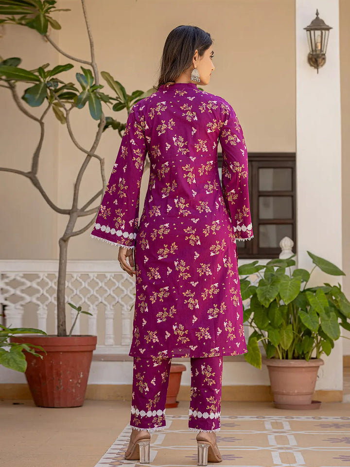 Purple Floral Print Straight Pakistani Style Kurta Trouser And Dupatta Set-Yufta Store-1001SKDPRS