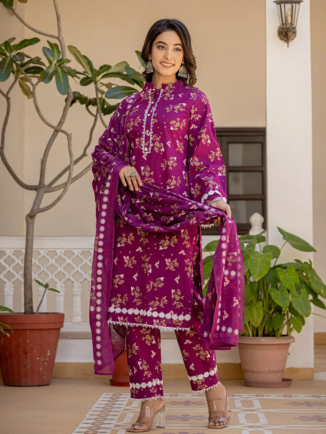 Purple Floral Print Straight Pakistani Style Kurta Trouser And Dupatta Set-Yufta Store-1001SKDPRS
