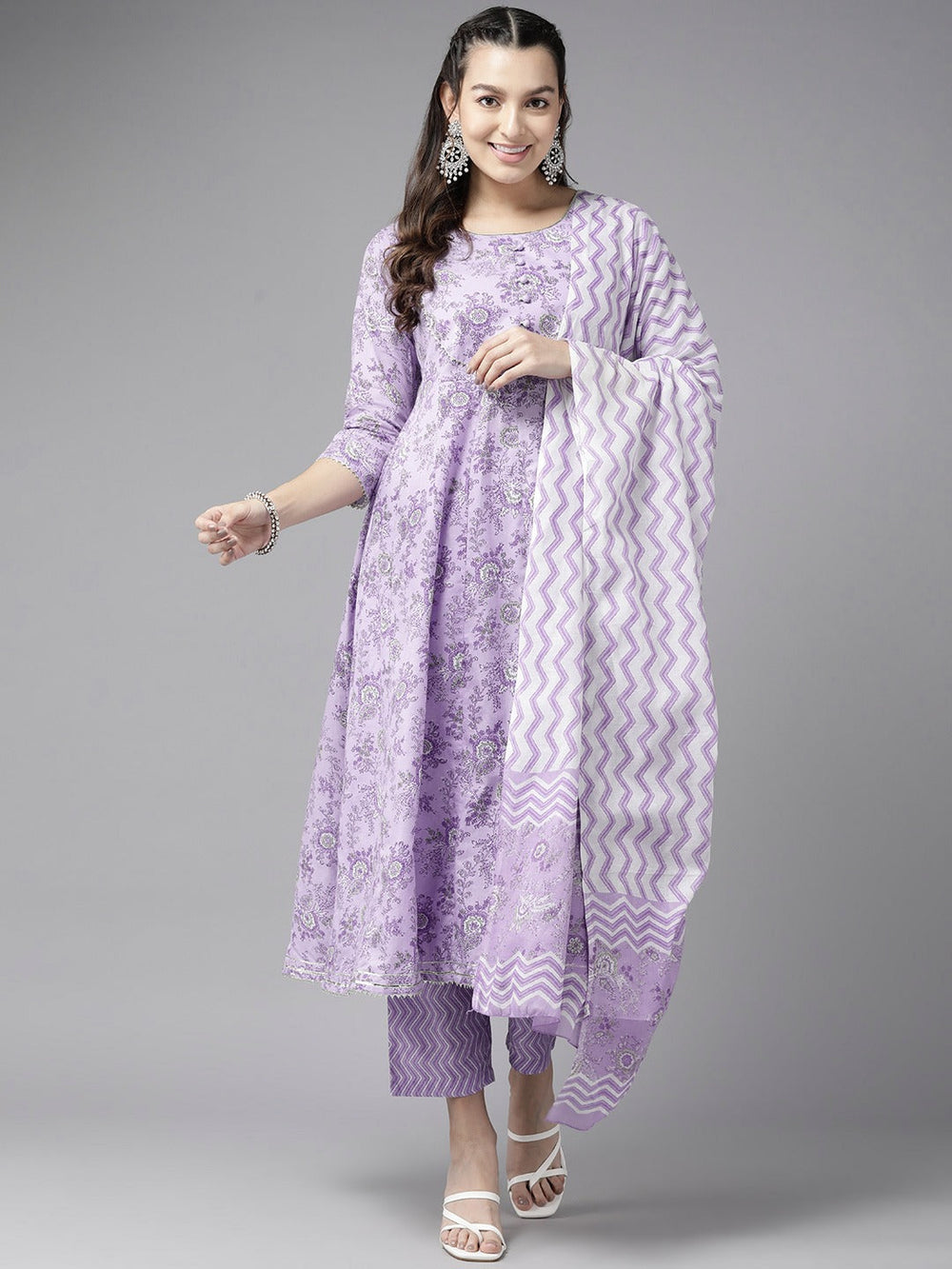 Purple Floral Printed Kurta Trouser Set With Dupatta