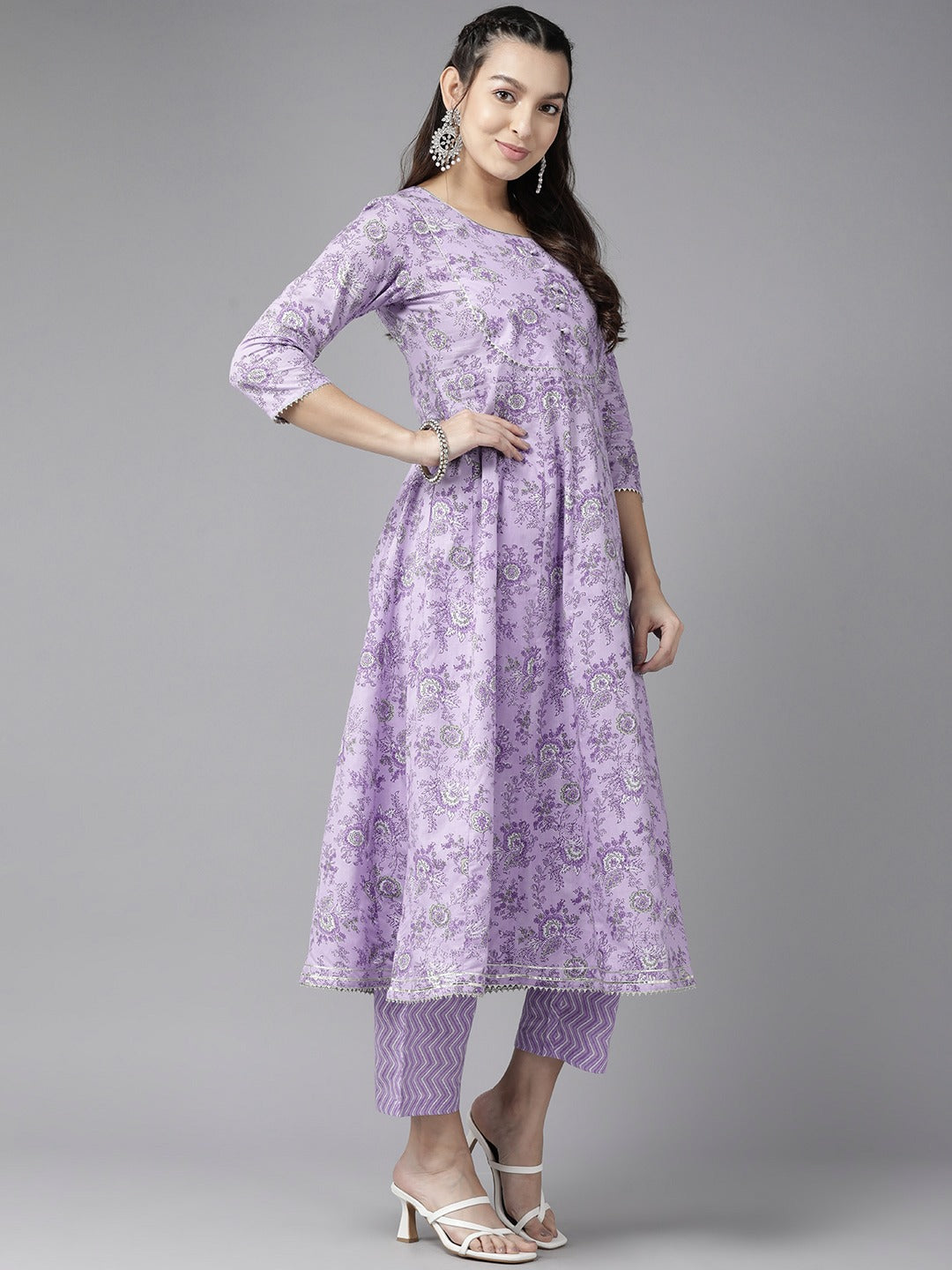 Purple Floral Printed Kurta Trouser Set With Dupatta-Yufta Store-1191SKDPRS