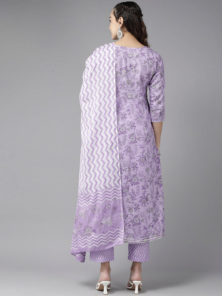 Purple Floral Printed Kurta Trouser Set With Dupatta-Yufta Store-1191SKDPRS