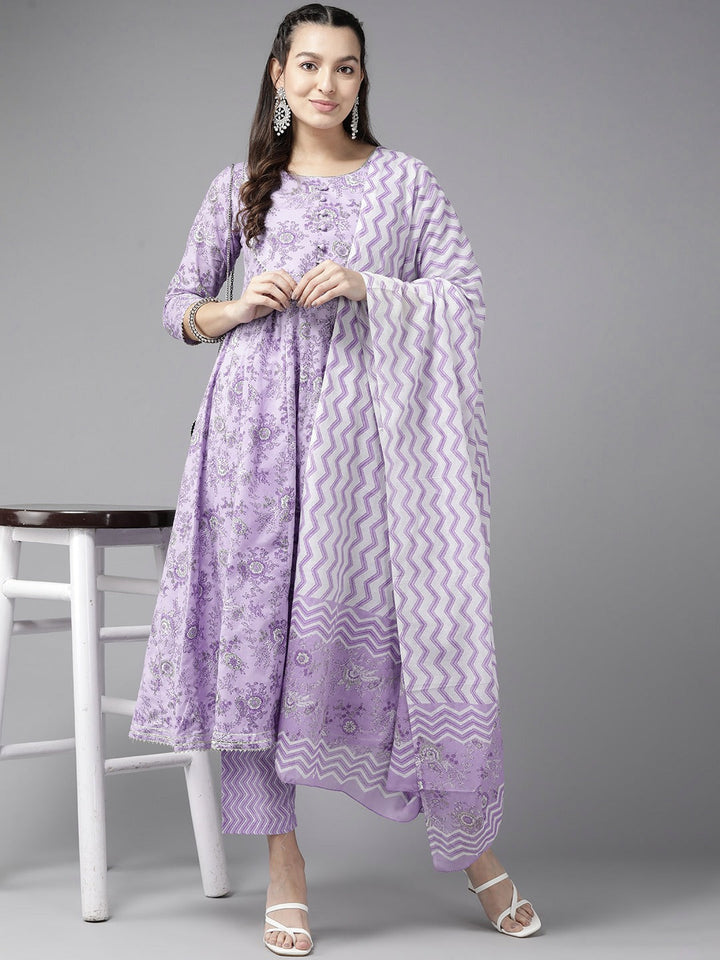 Purple Floral Printed Kurta Trouser Set With Dupatta-Yufta Store-1191SKDPRS