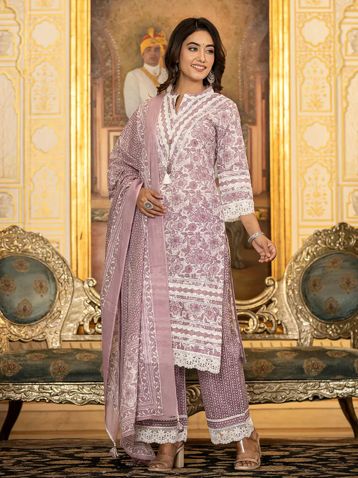 Purple Lacework Pakistani Style Kurta Trouser And Dupatta Set-Yufta Store-6887SKDPRM