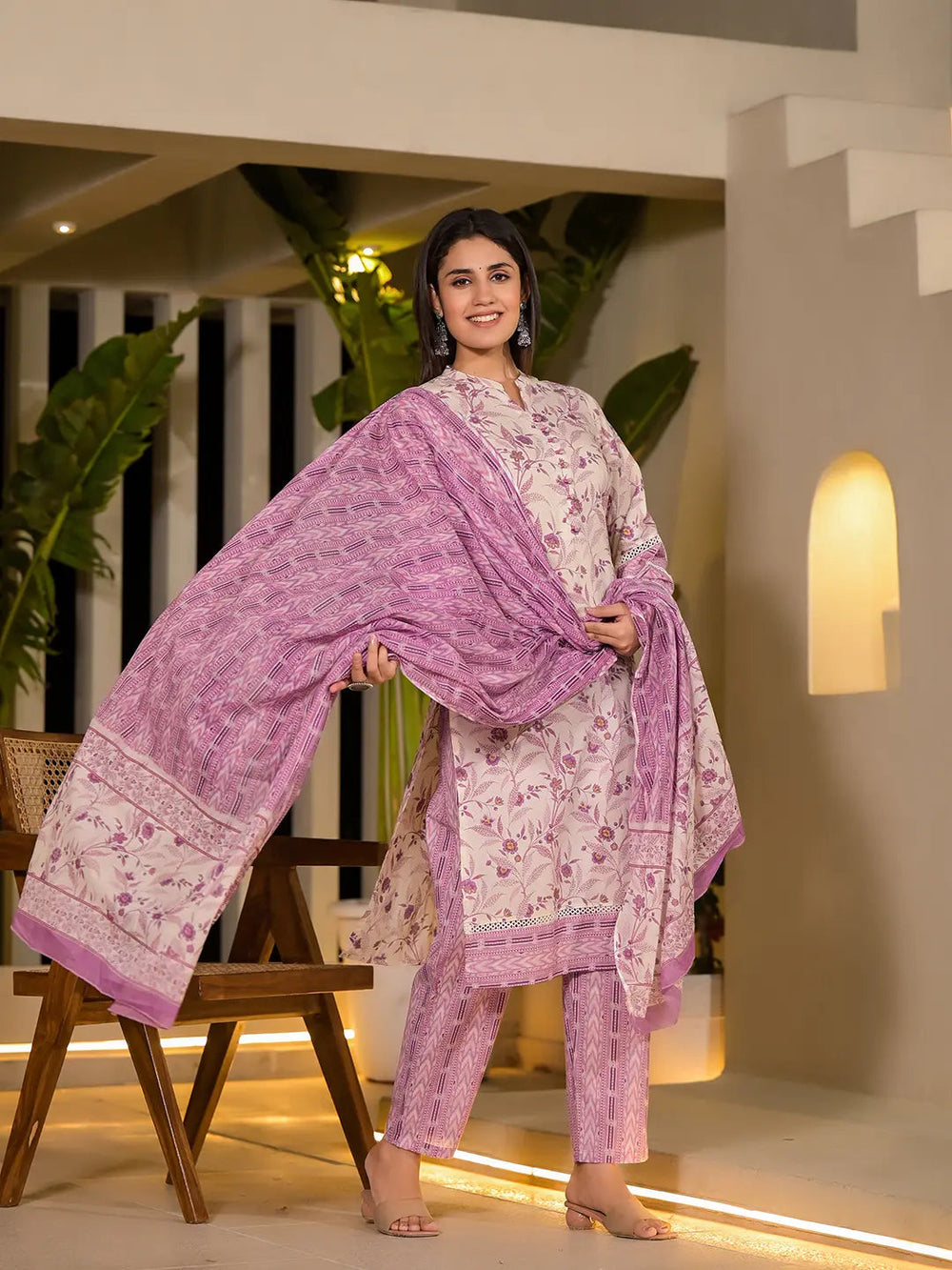 Purple Leaf Print Cotton Pakistani Style Kurta With Trousers With Dupatta Set-Yufta Store-1008SKDPRS