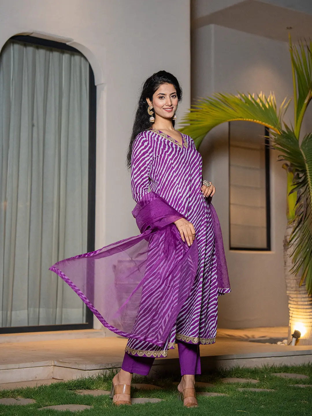 Purple Leheriya Print Cotton A-Line Suit Set-Yufta Store-7001SKDPRS