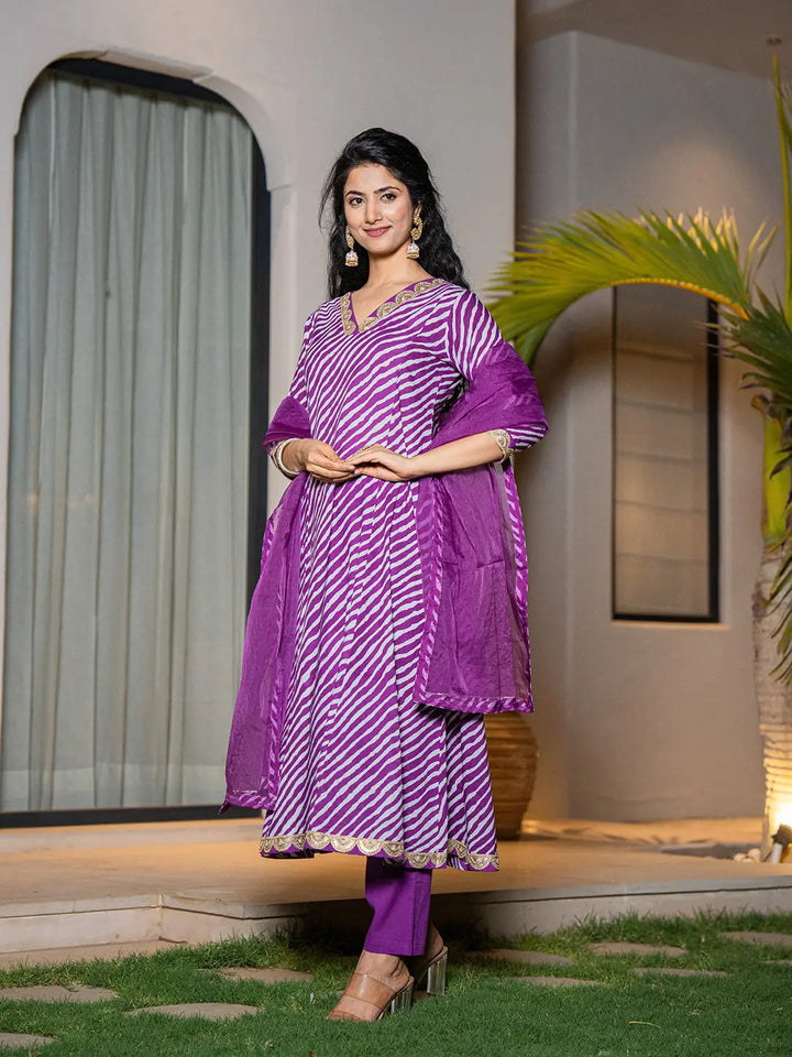 Purple Leheriya Print Cotton A-Line Suit Set-Yufta Store-7001SKDPRS