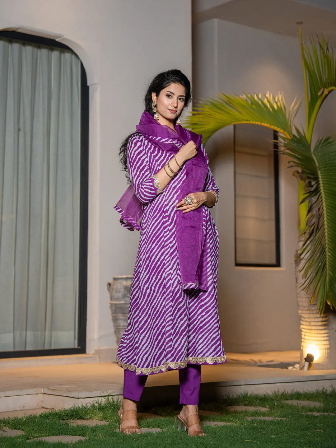 Purple Leheriya Print Cotton A-Line Suit Set-Yufta Store-7001SKDPRS