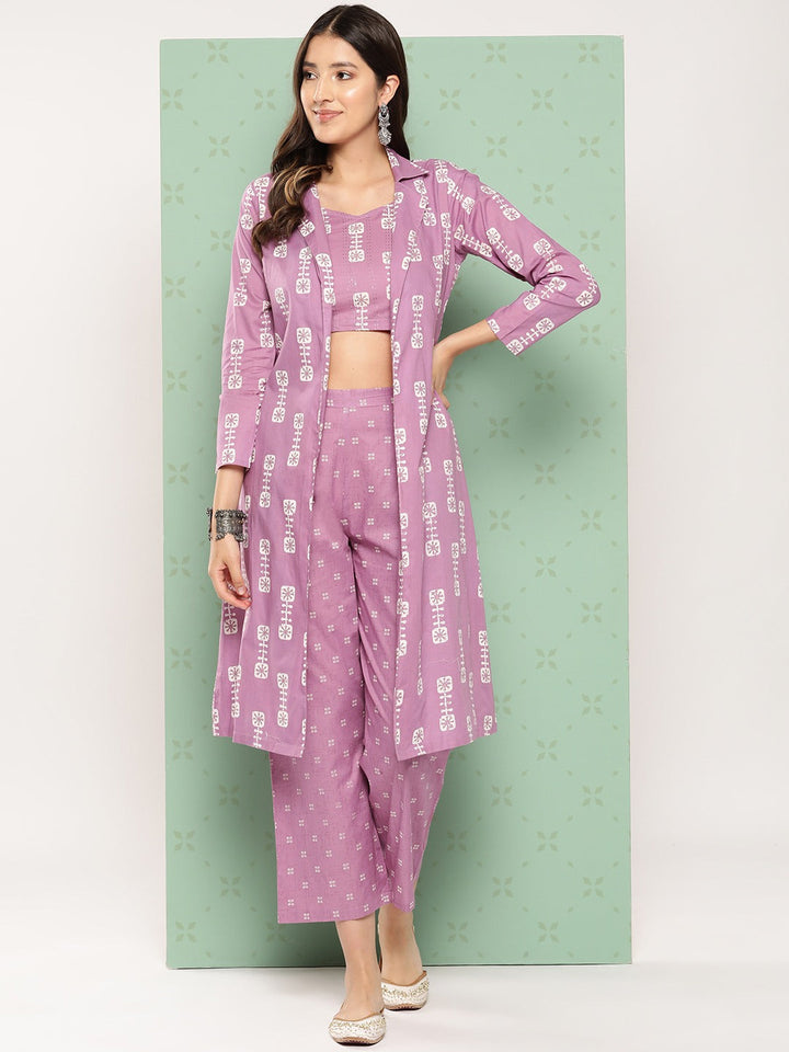 Purple Printed Cotton Top with Trousers with Shrug