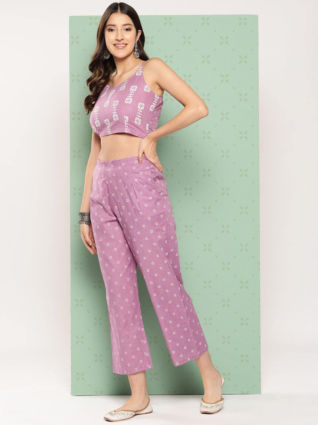 Purple Printed Cotton Top with Trousers with Shrug