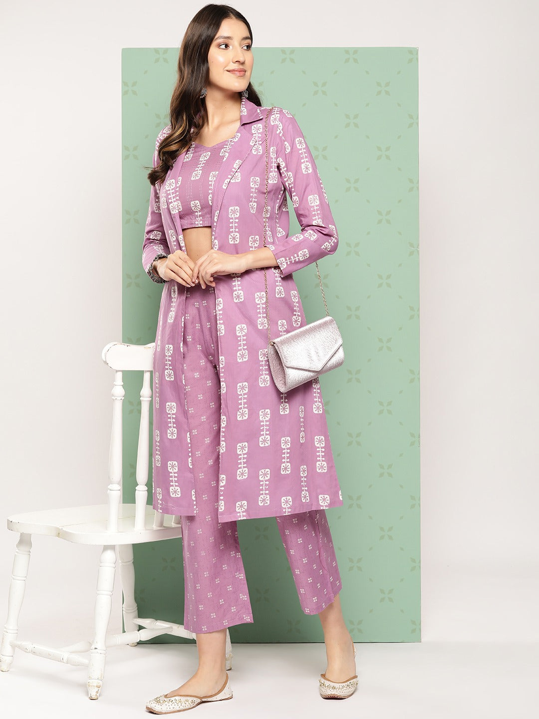 Purple Printed Cotton Top with Trousers with Shrug