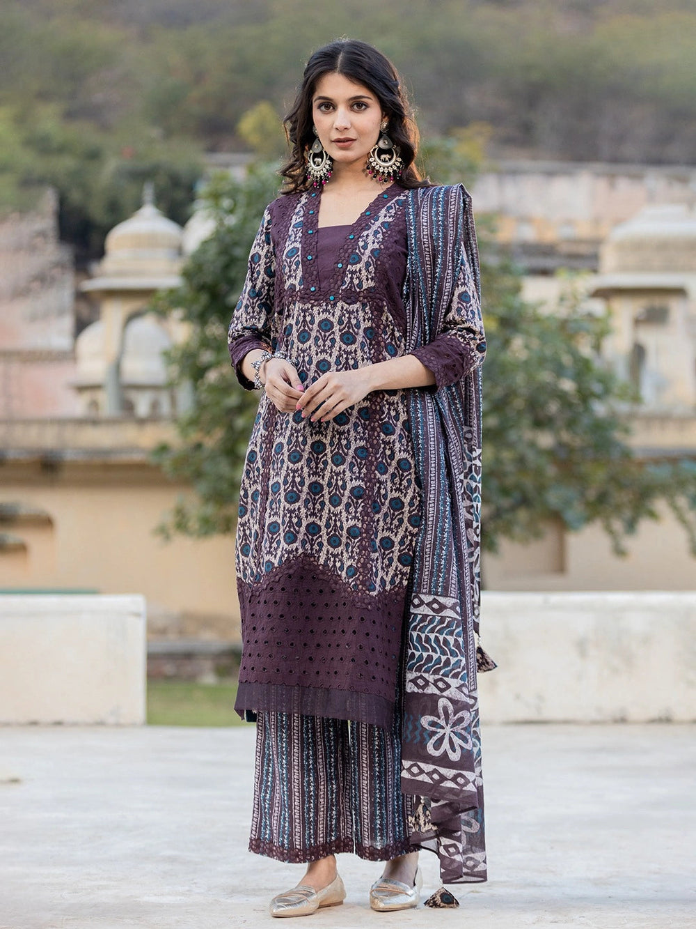 Purple Printed Kurta Dupatta Set-Yufta Store-6802SKDPRS