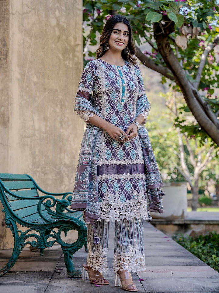 Purple Printed Pakistani Style Kurta Dupatta Set-Yufta Store-1991SKDPRS