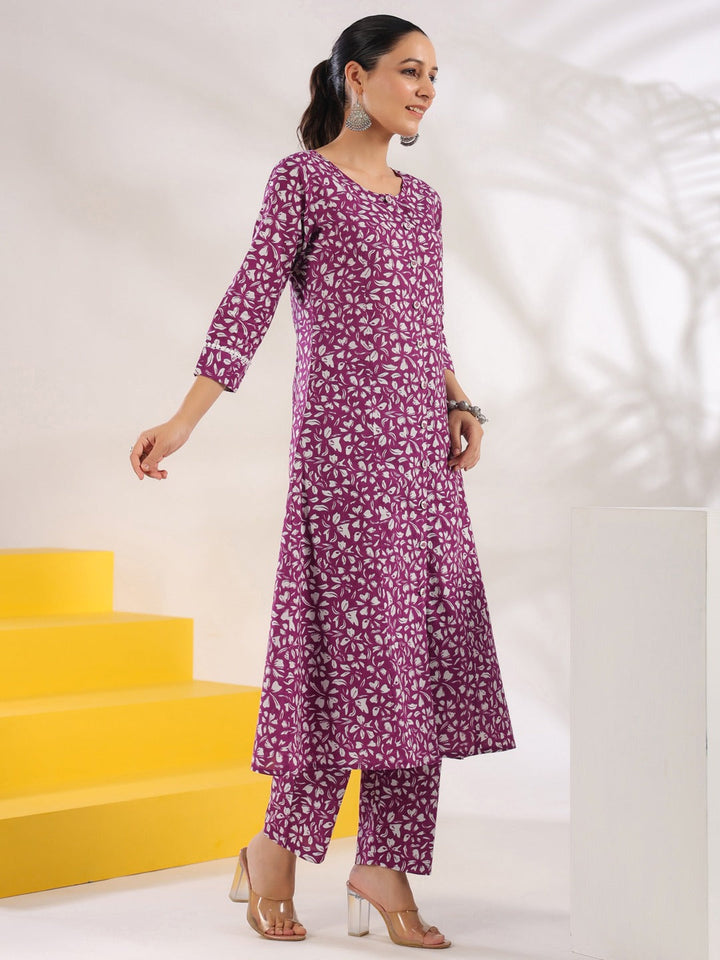 Purple Pure Cotton Floral Print A-Line Kurta Trouser Set-Yufta Store-1645SETPRS