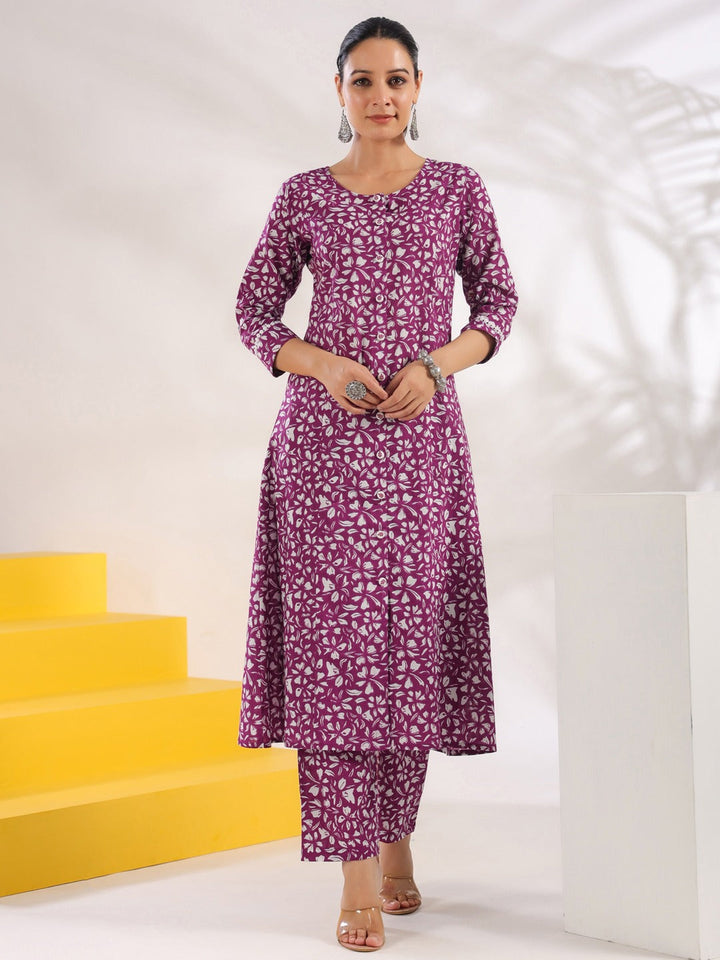 Purple Pure Cotton Floral Print A-Line Kurta Trouser Set-Yufta Store-1645SETPRS