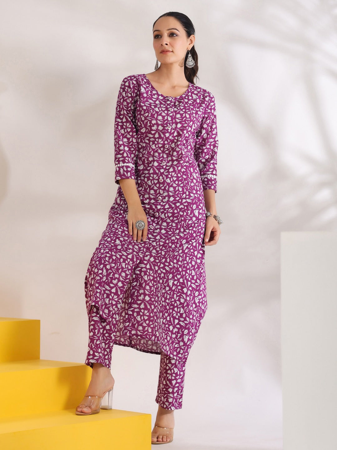 Purple Pure Cotton Floral Print A-Line Kurta Trouser Set-Yufta Store-1645SETPRS