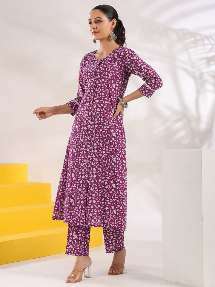 Purple Pure Cotton Floral Print A-Line Kurta Trouser Set-Yufta Store-1645SETPRS