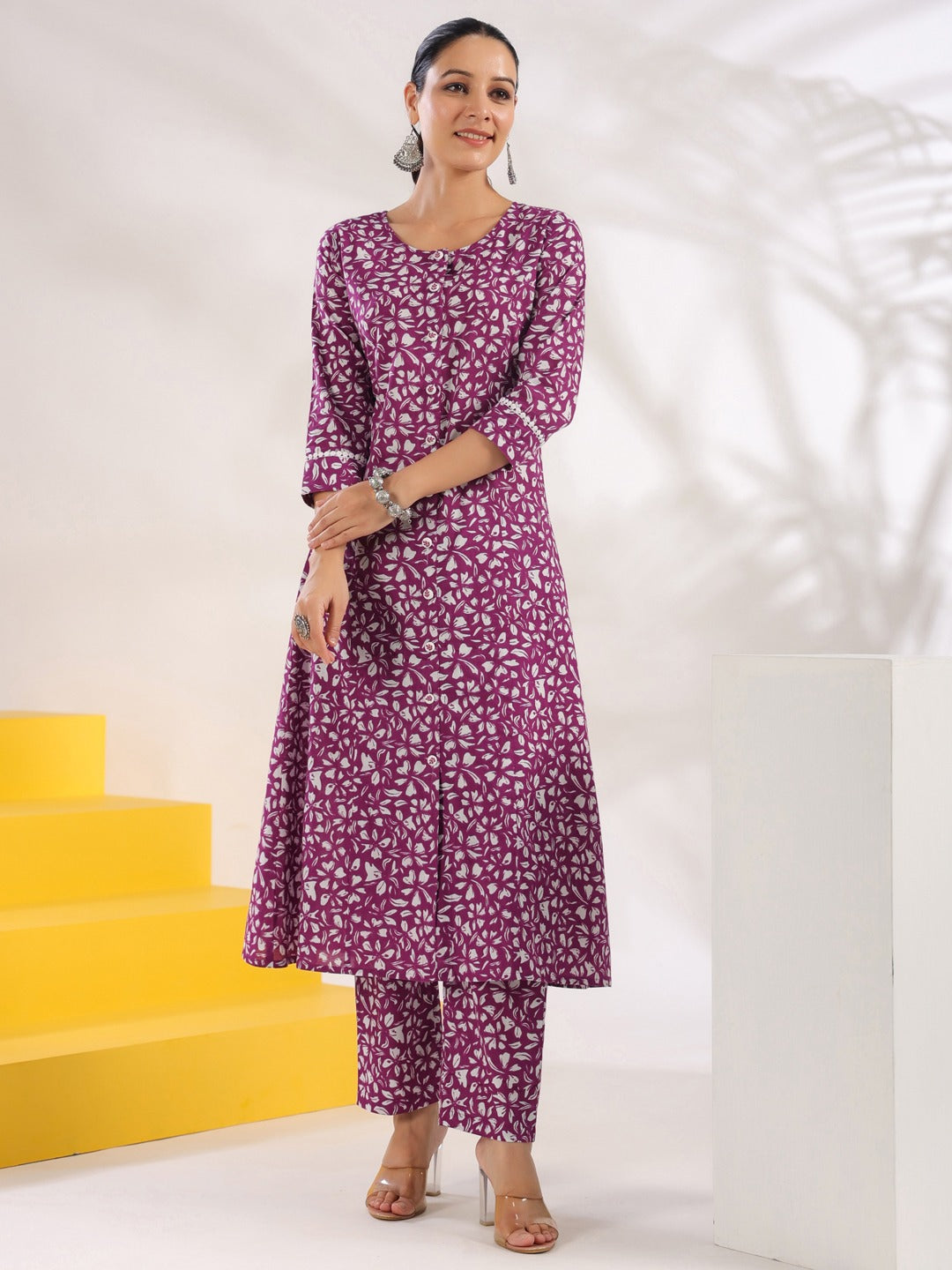 Purple Pure Cotton Floral Print A-Line Kurta Trouser Set-Yufta Store-1645SETPRS