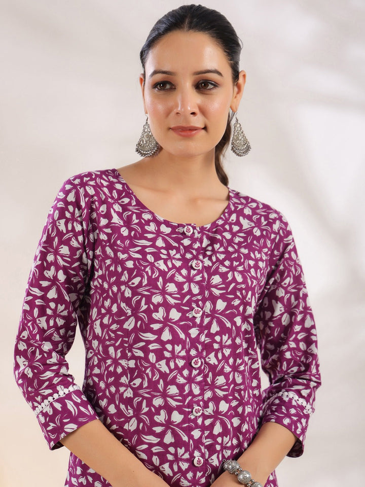 Purple Pure Cotton Floral Print A-Line Kurta Trouser Set-Yufta Store-1645SETPRS