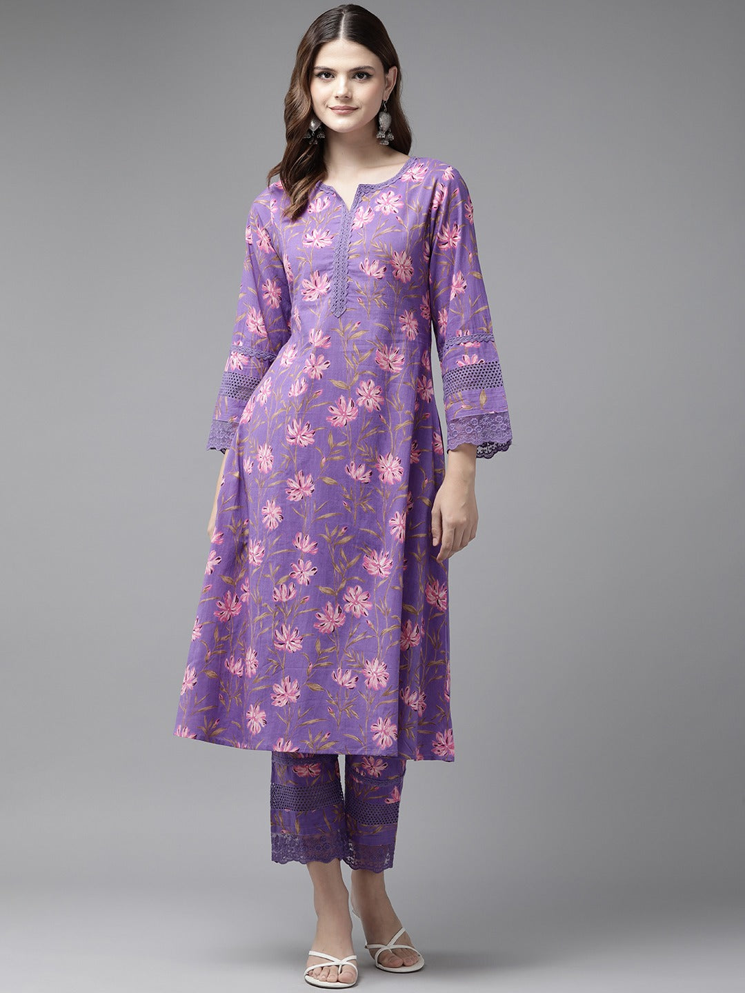 Purple Pure Cotton kurta set with embroidery Kurta Trouser Set-Yufta Store-1796SETPRS