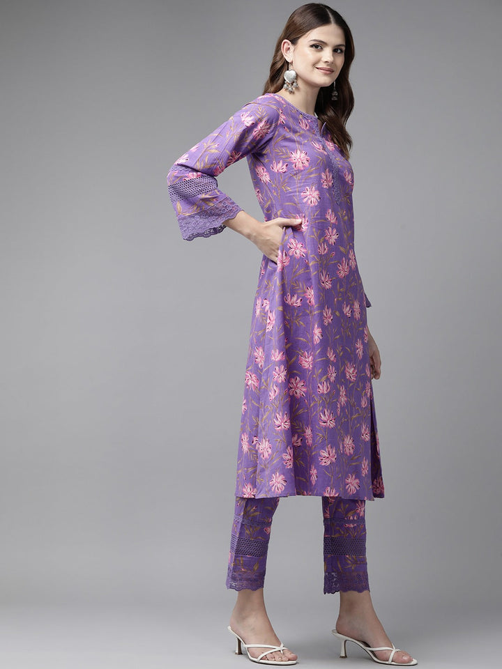 Purple Pure Cotton kurta set with embroidery Kurta Trouser Set-Yufta Store-1796SETPRS