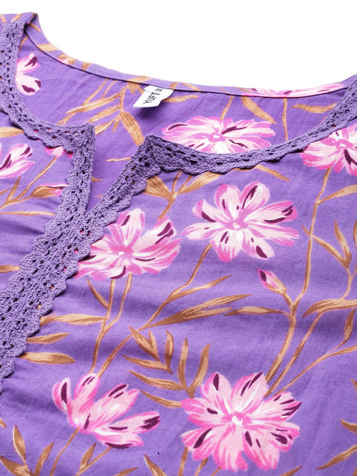 Purple Pure Cotton kurta set with embroidery Kurta Trouser Set-Yufta Store-1796SETPRS