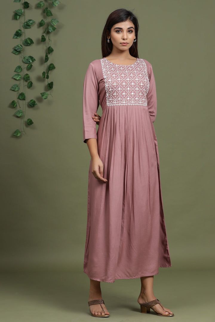 Purple Solid Embroidered Dress-Yufta Store-2901DRSPRS