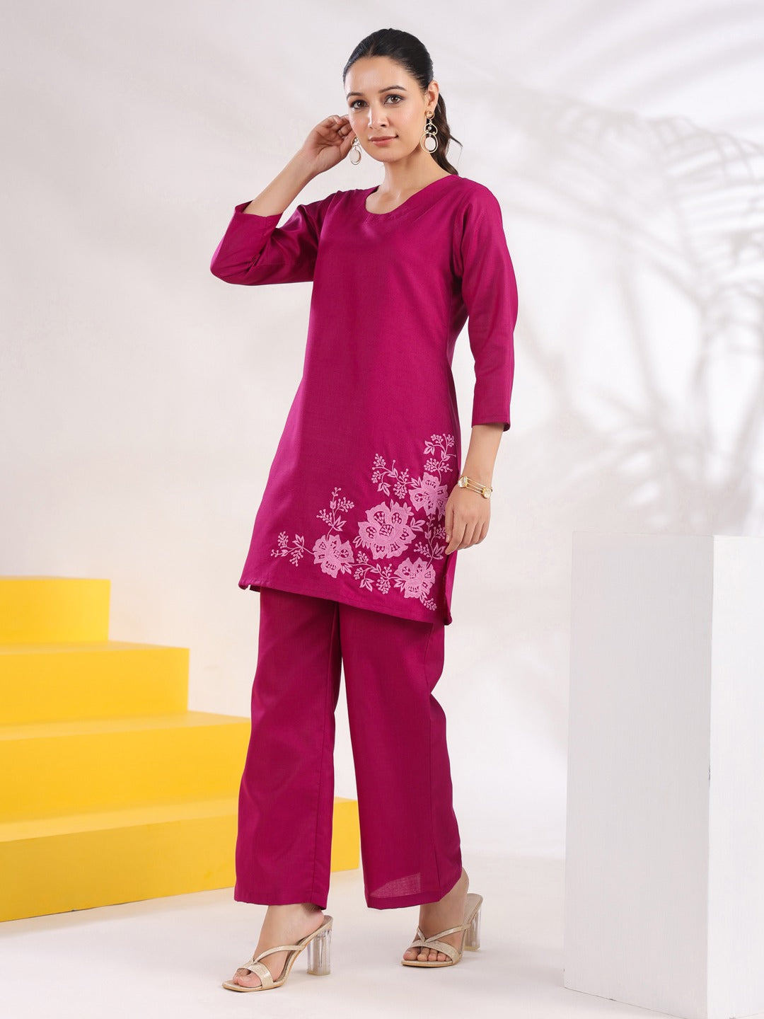 Purple Straight Thread Work Above Knee Co-ord set-Yufta Store-1634CRDPRS