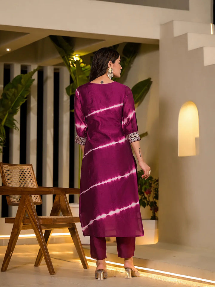 Purple Tie And Dye Chanderi Silk Kurta With Trousers With Dupatta Set-Yufta Store-1934SKDPRS