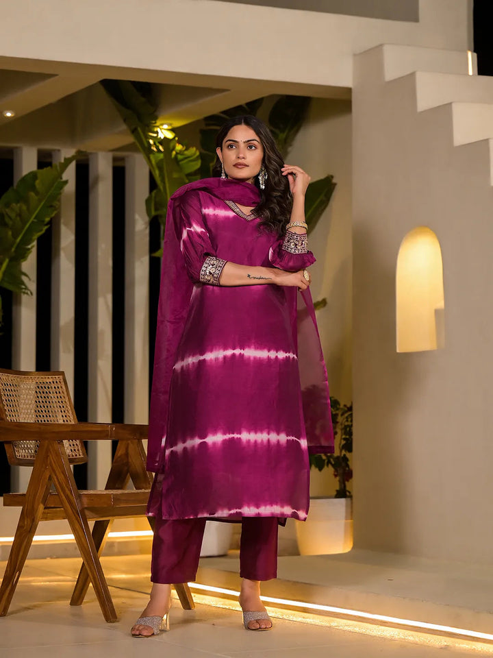 Purple Tie And Dye Chanderi Silk Kurta With Trousers With Dupatta Set-Yufta Store-1934SKDPRS