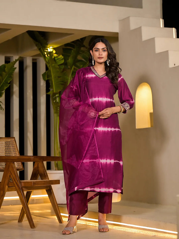 Purple Tie And Dye Chanderi Silk Kurta With Trousers With Dupatta Set-Yufta Store-1934SKDPRS