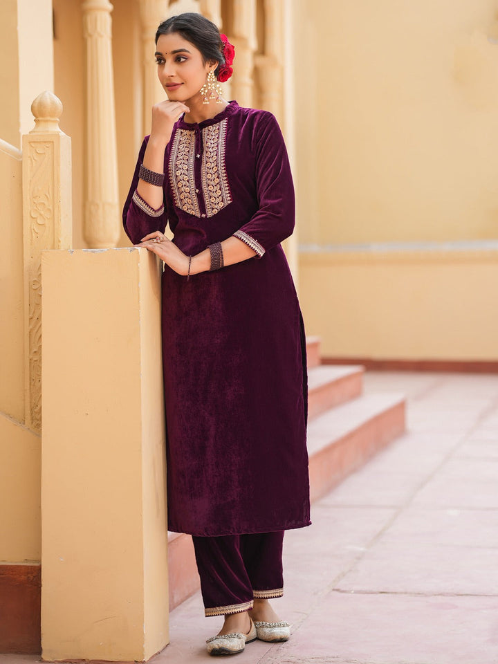 Purple Zari_Work Velvet Straight Kurta Trouser Set-Yufta Store-1401SETPRS