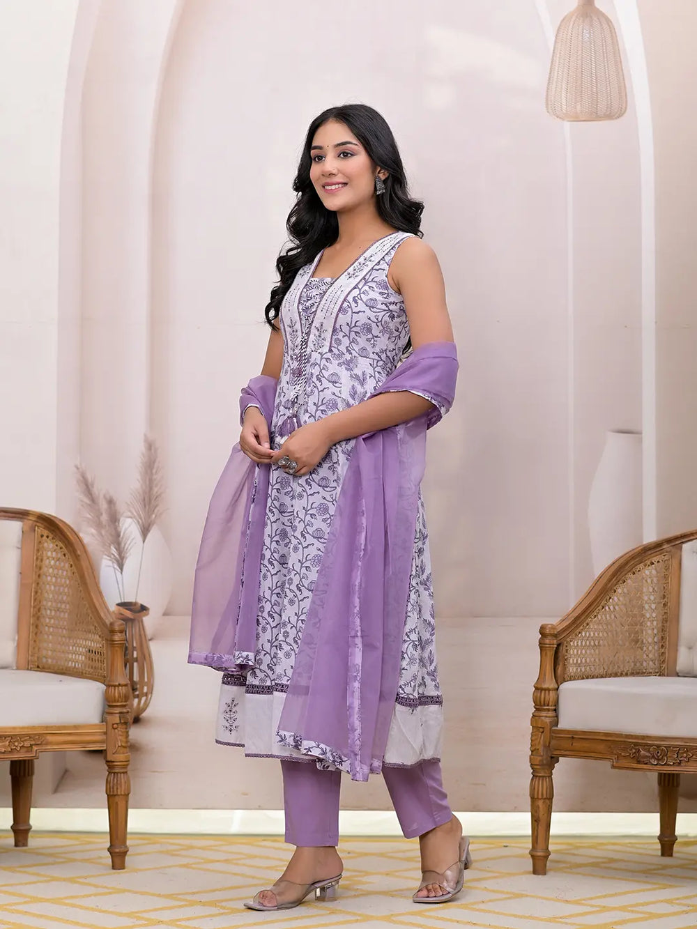 Purple & White Embroidered Cotton Anarkali Kurta Dupatta Set-Yufta Store-1952SKDPRS