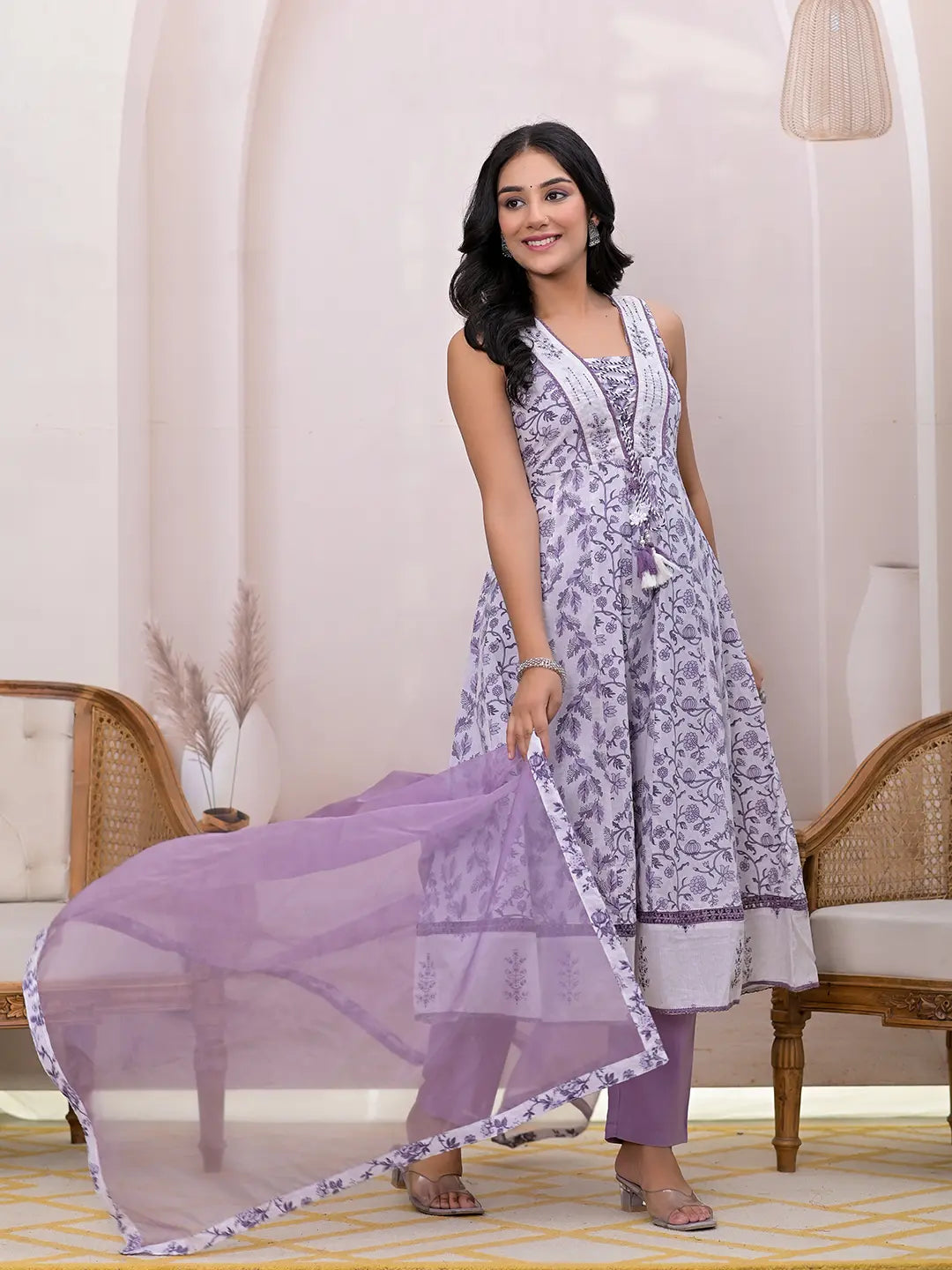 Purple & White Embroidered Cotton Anarkali Kurta Dupatta Set-Yufta Store-1952SKDPRS