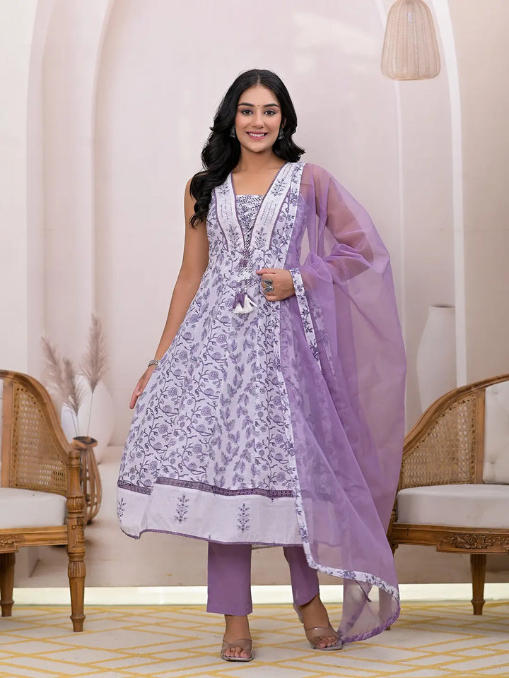 Purple & White Embroidered Cotton Anarkali Kurta Dupatta Set-Yufta Store-1952SKDPRS