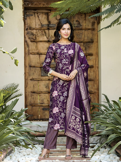 Purple chanderi silk Straight Kurta Harem pants And Dupatta Set-Yufta Store-1618SKDPRS