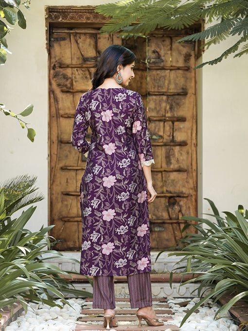 Purple chanderi silk Straight Kurta Harem pants And Dupatta Set-Yufta Store-1618SKDPRS