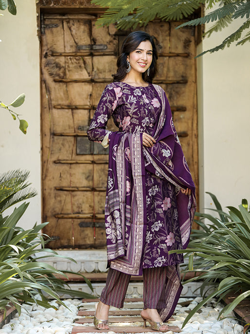 Purple chanderi silk Straight Kurta Harem pants And Dupatta Set-Yufta Store-1618SKDPRS