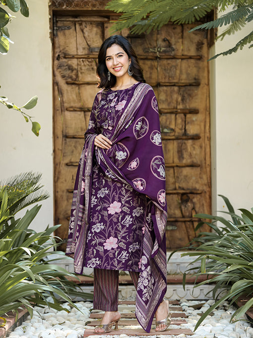 Purple chanderi silk Straight Kurta Harem pants And Dupatta Set-Yufta Store-1618SKDPRS