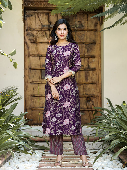 Purple chanderi silk Straight Kurta Harem pants And Dupatta Set-Yufta Store-1618SKDPRS