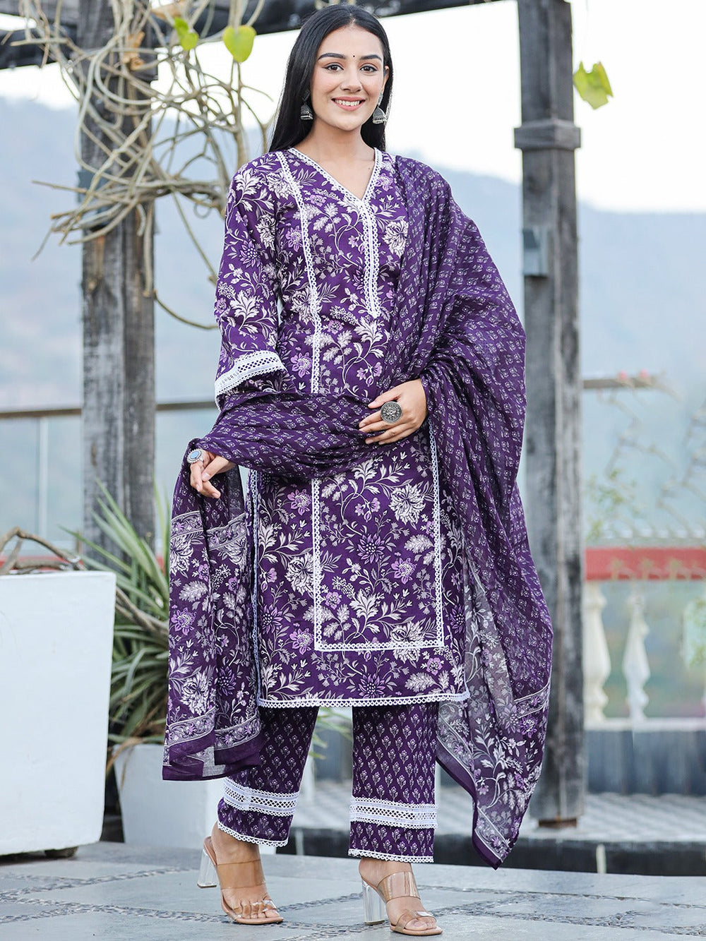 Purple pure Cotton kurta dupatta set with Thread_Work detailing-Yufta Store-1809SKDPRS