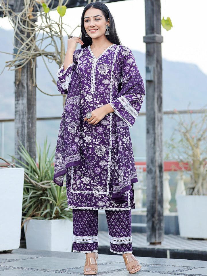 Purple pure Cotton kurta dupatta set with Thread_Work detailing-Yufta Store-1809SKDPRS