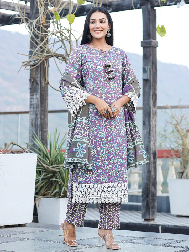 Purple pure Cotton kurta dupatta set with Thread_Work detailing-Yufta Store-1815SKDPRS